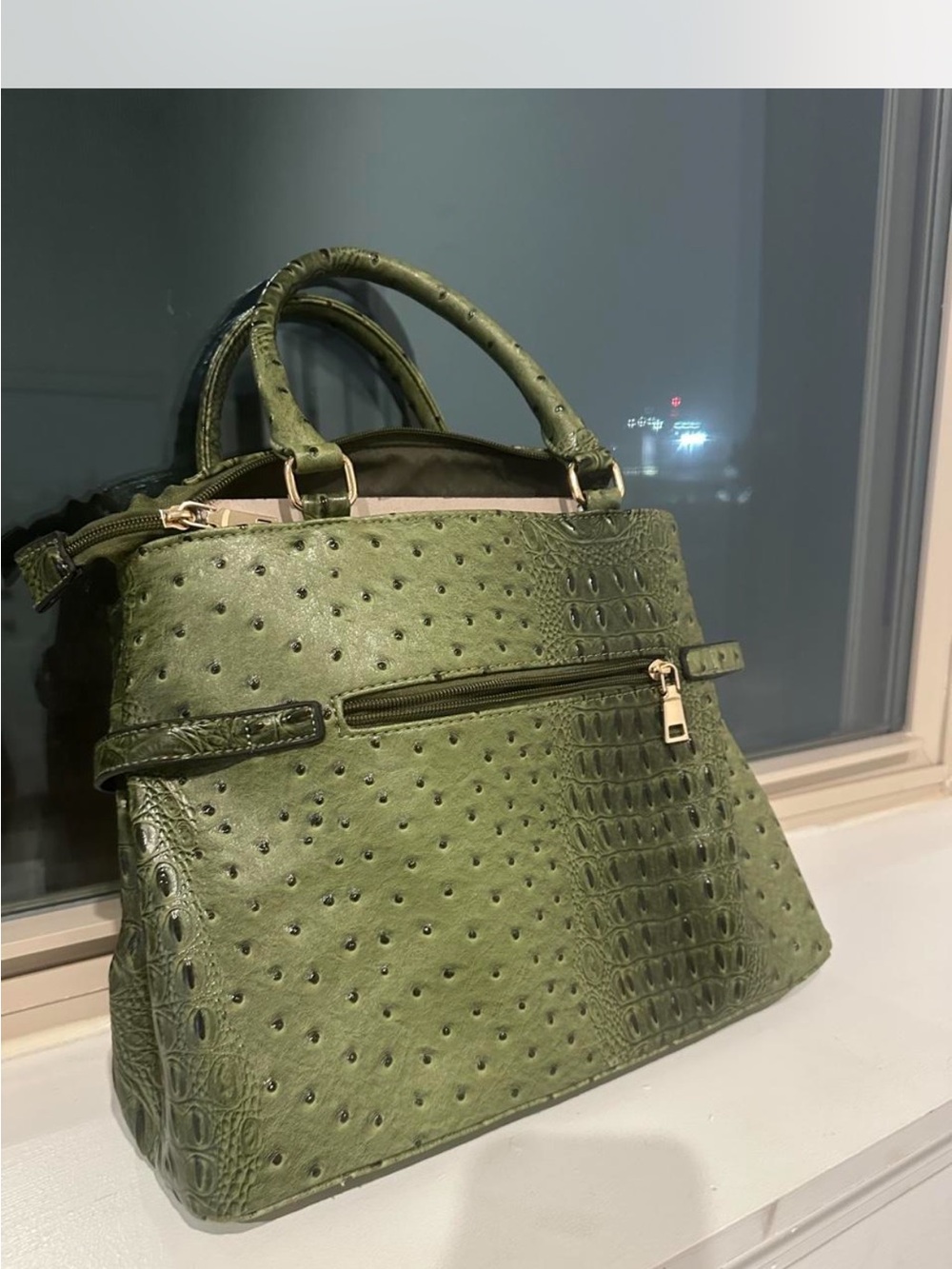 Textured Olive Green Satchel Handbag with Top Handle